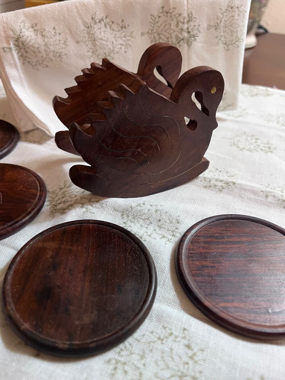 Vintage Wood Coaster set with Hand Crafted Rocking Swan Caddy in Good Condition